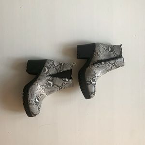 Like new black and white snake print lug sole booties from Amazon, size 9